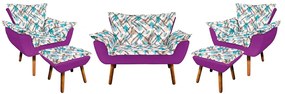 Kit 01 Namoradeira com 02 Poltronas e 02 Puffs Opala Composê Suede com Estampado Traçado Azul D33 Pés Palito Castanho - Roxo