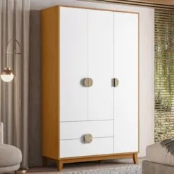Guarda Roupa Solteiro 120cm 3 Portas Ipê Cinamomo/Branco    - Albatroz
