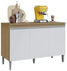 Balcão de Cozinha com Tampo 120cm 3 Portas Manu Amêndoa/Branco - AJL M