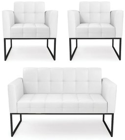Kit 1 Sofá Namoradeira e 2 Poltronas Elisa Corino Branco Base Metálica Industrial Preto - D'Rossi