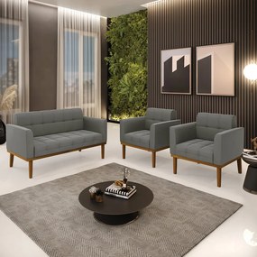 Conjunto 2 Poltronas e 1 Namoradeira Decorativa Karen Pés Fixo em Madeira Castanho Suede Grafite G19 - Gran Belo