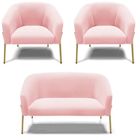 Namoradeira e 2 Poltronas Pé de Ferro Dourado Stella Suede D03 - D'Rossi - Rosa Bebê