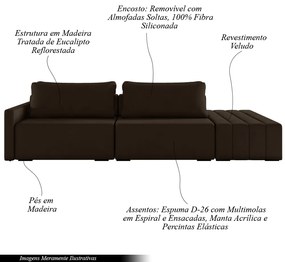 Sofá Ilha Modulado Milos 232cm Puff Lateral Veludo Marrom G33 - Gran Belo