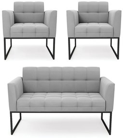 Kit 1 Sofá Namoradeira e 2 Poltronas Elisa Suede Cinza Base Metálica Industrial Preto - D'Rossi