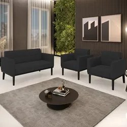 Sofá Namoradeira e 2 Poltronas Base Madeira Preto Ana Veludo Preto - I