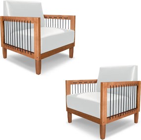 Kit 2 Poltronas Sala de Estar Pés Madeira Maciça Corda Náutica Preta 75cm Manila PU Branco G63 - Gran Belo