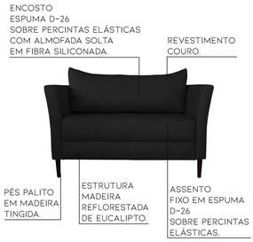 Conjunto Sofá 2 Lugares com Poltrona Pés Palito Lubbock Couro Preto G58 - Gran Belo