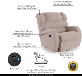 Poltrona do Papai Sala de Cinema Reclinável Kylie Glider Manual Giratória USB Veludo Rosê G23