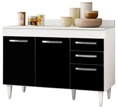 Balcão Gabinete Para Pia 120cm Suécia 3 Portas 2 Gavetas Branco/Preto