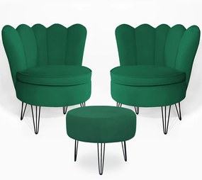 Conjunto 2 Poltrona Dália com Puff Chloe Pés Hairpin Legs Preto Veludo Verde Bandeira
