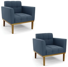 Poltrona Sala Decorativa Kit 2 Elisa Base de Madeira Castanho Suede D03 - D'Rossi - Azul Marinho