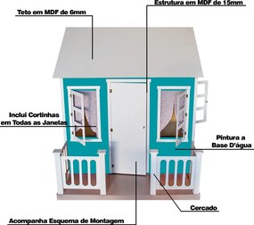 Casinha de Brinquedo com Cercado e Cortinas Azul/Branco L12 - Gran Belo