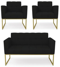 Kit 1 Sofá Namoradeira e 2 Poltronas Elisa Linho Preto A79 Base Metálica Industrial Dourado - D'Rossi