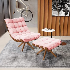 Poltrona com Puff Giratório Costela Suede Rosa Bebê Base de Madeira MA30 M11 - D'Rossi