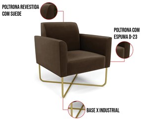 Poltrona Base X Industrial Dourado Marisa Suede - Marrom