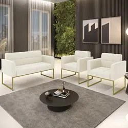 Sofá Namoradeira e 2 Poltronas Base Industrial Dourado Ana Veludo Bege