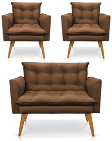 Kit 1 Sofá Namoradeira e 2 Poltronas Tais Suede Marrom Pés Palito Castanho - D'Rossi