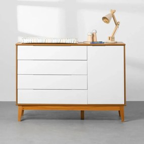 Cômoda Elfe 4 Gavetas e 1 Porta com Pés Square Mel - Branco e Savana - Cômoda Elfe 4 Gavetas e 1 Porta com Pés Square Mel - Branco Fosco e Savana