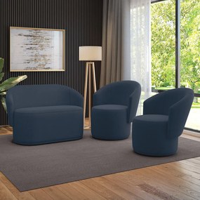 Sofá Namoradeira e 2 Poltronas Orgânica para Sala Malu Suede M11 - D'Rossi - Azul Marinho