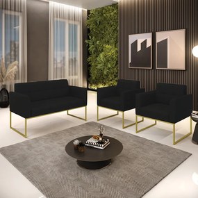 Kit 1 Sofá Namoradeira e 2 Poltronas Elisa Linho Preto A79 Base Metálica Industrial Dourado - D'Rossi