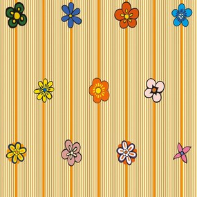 Papel de Parede Floral Listrado Amarelo com Flores Coloridas 0.52m x 3.00m