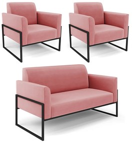 Sofá Namoradeira com 2 Poltronas Base Industrial Alta Preto Marisa Suede D03 - D'Rossi - Rose