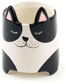 Cachepot Vaso Decorativo de Cerâmica Cachorro Branco e Preto