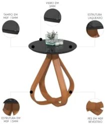 Mesa Canto Apoio com Pés de Madeira Kit 2 Samba Preto E05   - Mpozenat