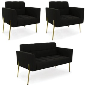 Sofá Namoradeira e 2 Poltronas Pé de Ferro Dourado Elisa Suede D03 - D'Rossi - Preto