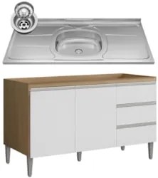 Balcão de Cozinha com Pia Inox 120cm Andréia Amêndoa/Branco - AJL Móve