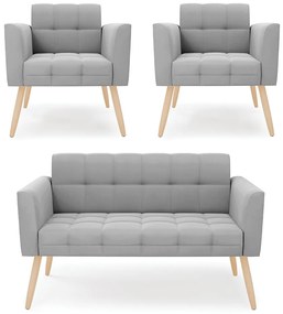 Kit 1 Sofá Namoradeira e 2 Poltronas Elisa Suede Cinza Pés Palito Natural - D'Rossi