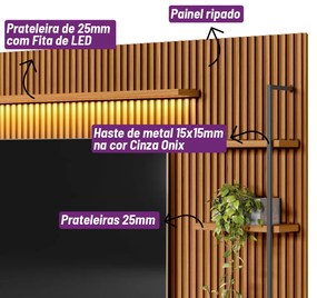 Painel para TV até 75 Polegadas Ripado Betina com Rack Bancada e Módulos Laterais Nature e Off White 268x198 cm L04 - D'Rossi
