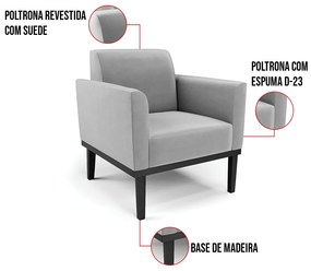 Kit 2 Poltronas Base de Madeira Fixa Preto Marisa Suede D03 - D'Rossi - Cinza