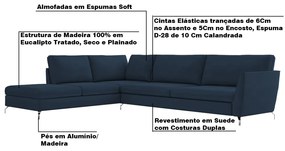 Sofá de Canto Chaise Esquerdo 267 cm Olívia Suede Azul G52 - Gran Belo
