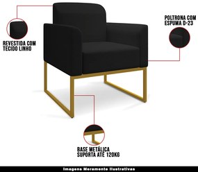 Poltrona Decorativa Isabella Base Industrial Linho Preto/Dourado G19 - Gran Belo