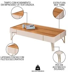 Mesa de Centro Para Sala Com Pés de Aço Alane H01 Off White/Cinamomo -