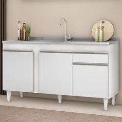 Balcão Gabinete com Pia Inox 150cm 3 Portas 1 Gaveta Dakota Branco - L