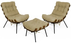 Kit 2 Poltronas Decorativa Costela Com Puff Costela Suede Nude