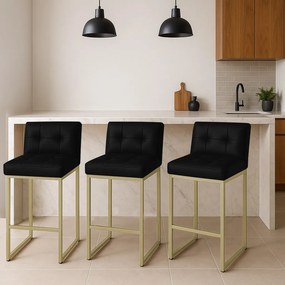 Banqueta Cozinha Alta com Encosto Industrial Kit 3 Champanhe Lirina PU C05 - D'Rossi - Preto