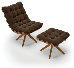 Poltrona Costela com Puff Giratório Suede Base Madeira MA30 - Marrom