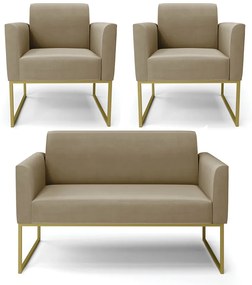Sofá Namoradeira com 2 Poltronas Base Industrial Dourado Marisa Suede Marrom Rato D03 - D'Rossi