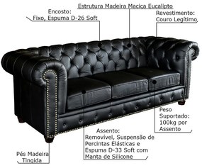 Sofá 3 Lugares Sala de Estar 235cm Chesterfield Pés Madeira Couro Preto G40 - Gran Belo