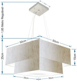 Lustre Pendente Duplo Quadrado Vivare Md-4066 Cúpula em Tecido 50x35cm Linho Bege - Bivolt