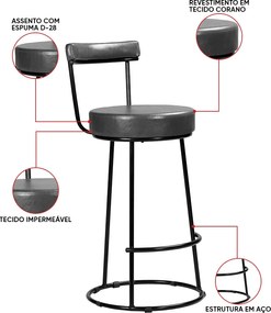 Banqueta Alta Cozinha 70cm Encosto Industrial Aço Ziria Pu S02 - D'Rossi - Preto