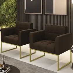 Poltrona Base Industrial Dourado Kit 2 Ana Suede Marrom - Ibiza