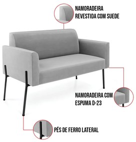 Sofá Namoradeira e 2 Poltronas Pé de Ferro Preto Marisa Suede D03 - D'Rossi - Cinza