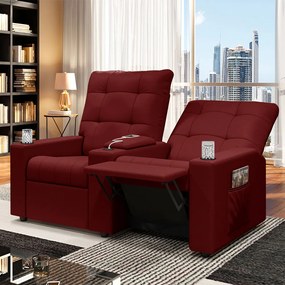 Poltrona do Papai Reclinável Sala de Cinema Movie 2 Lugares Manual Baú USB Veludo Vermelho G23