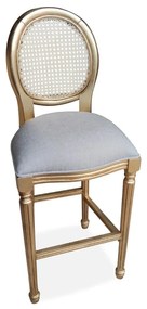 Banqueta Medalhão Encosto Palha Assento Estofado Madeira Maciça Torneada Design de Luxo Artesanal