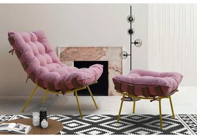Puff Decorativo Sala de Estar Abel Base de Madeira Dourado Suede Rosa G41 - Gran Belo