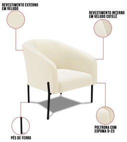Poltrona Decorativa Pé de Ferro Preto Stella Cotelê Int/Veludo D03 - D'Rossi - Off White